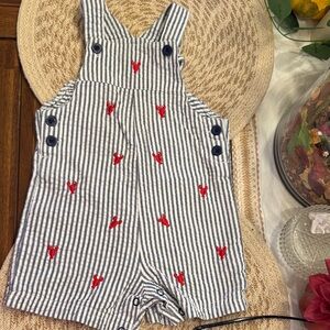 Little Me Blue and White Striped Overalls w/ Red Lobster.